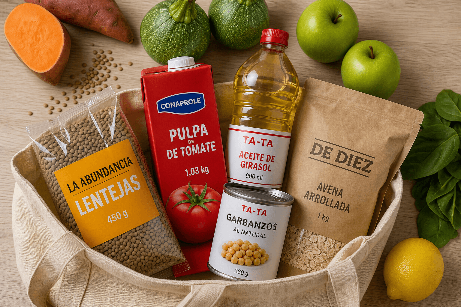 Bolsa con productos uruguayos: lentejas La Abundancia, pulpa Conaprole, aceite y garbanzos Ta-Ta, avena De Diez