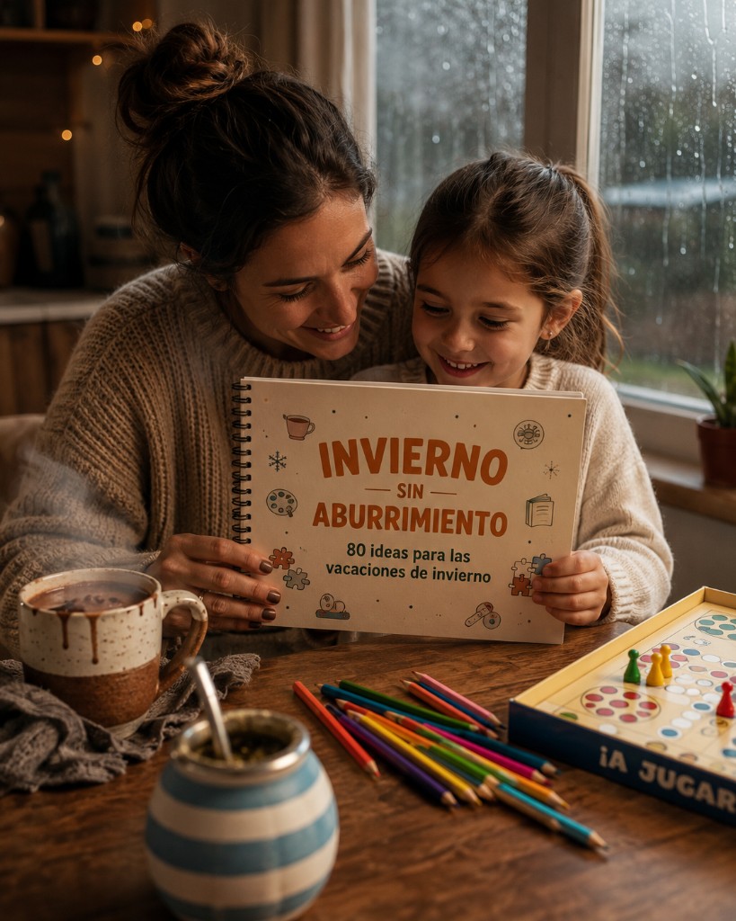 Familia usando la guía en la mesa, con mate y lápices de colores